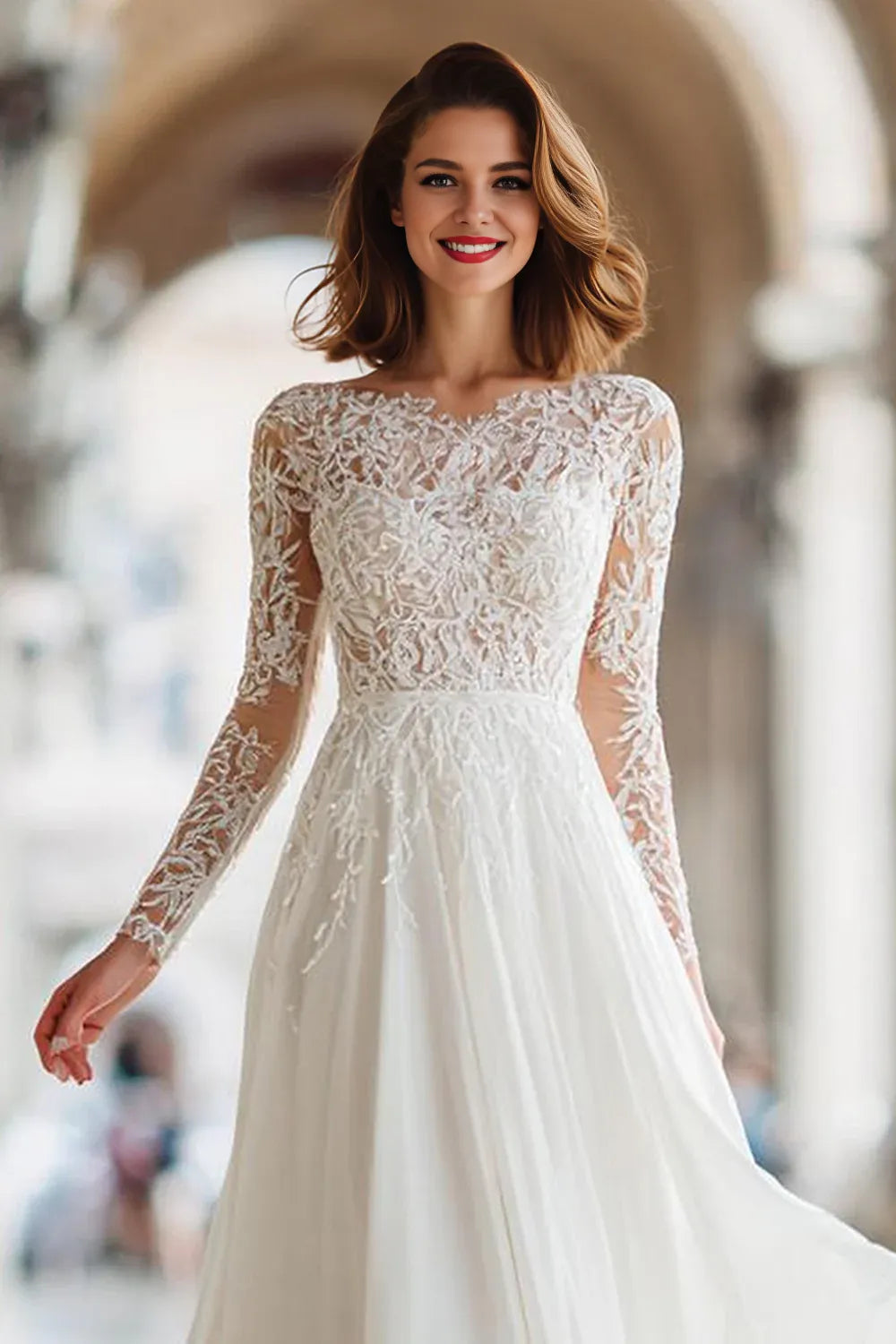 Special Occasion Sophisticated Graceful Elegant Lace A-Line Illusion Long Sleeve Floor-Length Wedding Dress