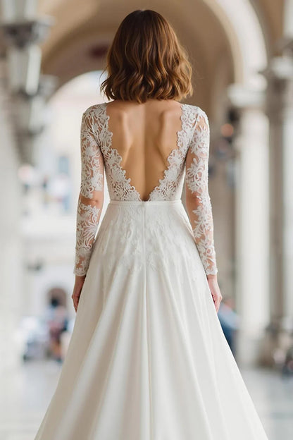 Special Occasion Sophisticated Graceful Elegant Lace A-Line Illusion Long Sleeve Floor-Length Wedding Dress