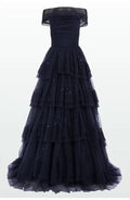 Stylish Refined Beautiful Timeless Elegant Navy Blue Tulle A-Line Floor-Length Prom Dress