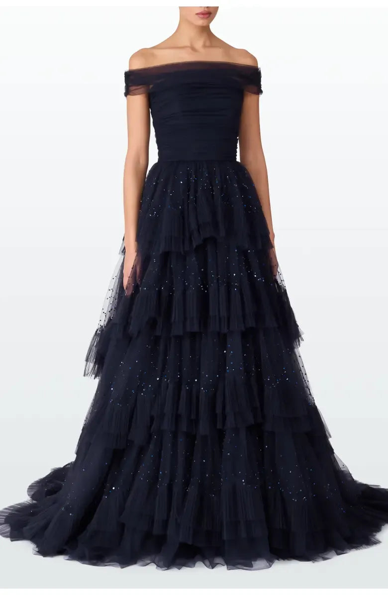 Stylish Refined Beautiful Timeless Elegant Navy Blue Tulle A-Line Floor-Length Prom Dress