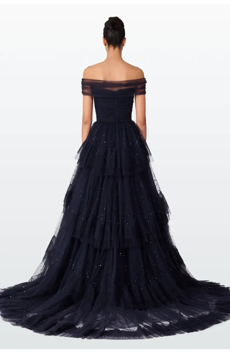 Stylish Refined Beautiful Timeless Elegant Navy Blue Tulle A-Line Floor-Length Prom Dress