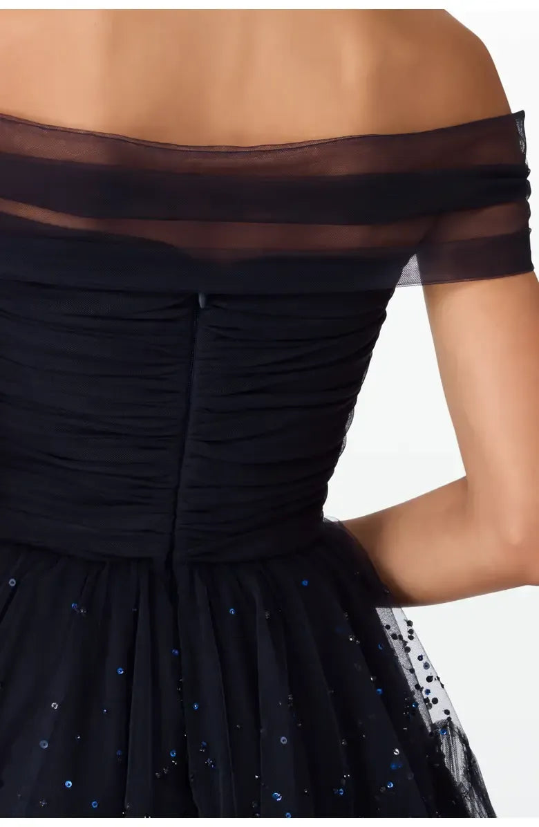 Stylish Refined Beautiful Timeless Elegant Navy Blue Tulle A-Line Floor-Length Prom Dress