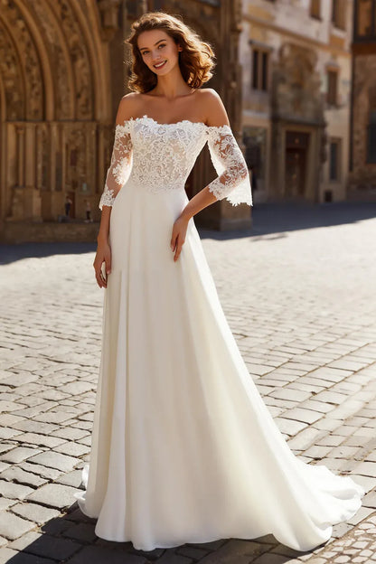 Refined Beautiful Timeless Elegant Red Chiffon A-Line Long Sleeve Long Wedding Dress