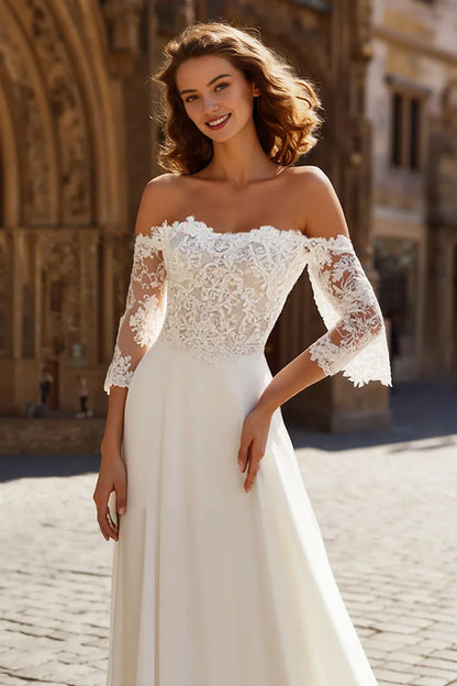 Refined Beautiful Timeless Elegant Red Chiffon A-Line Long Sleeve Long Wedding Dress