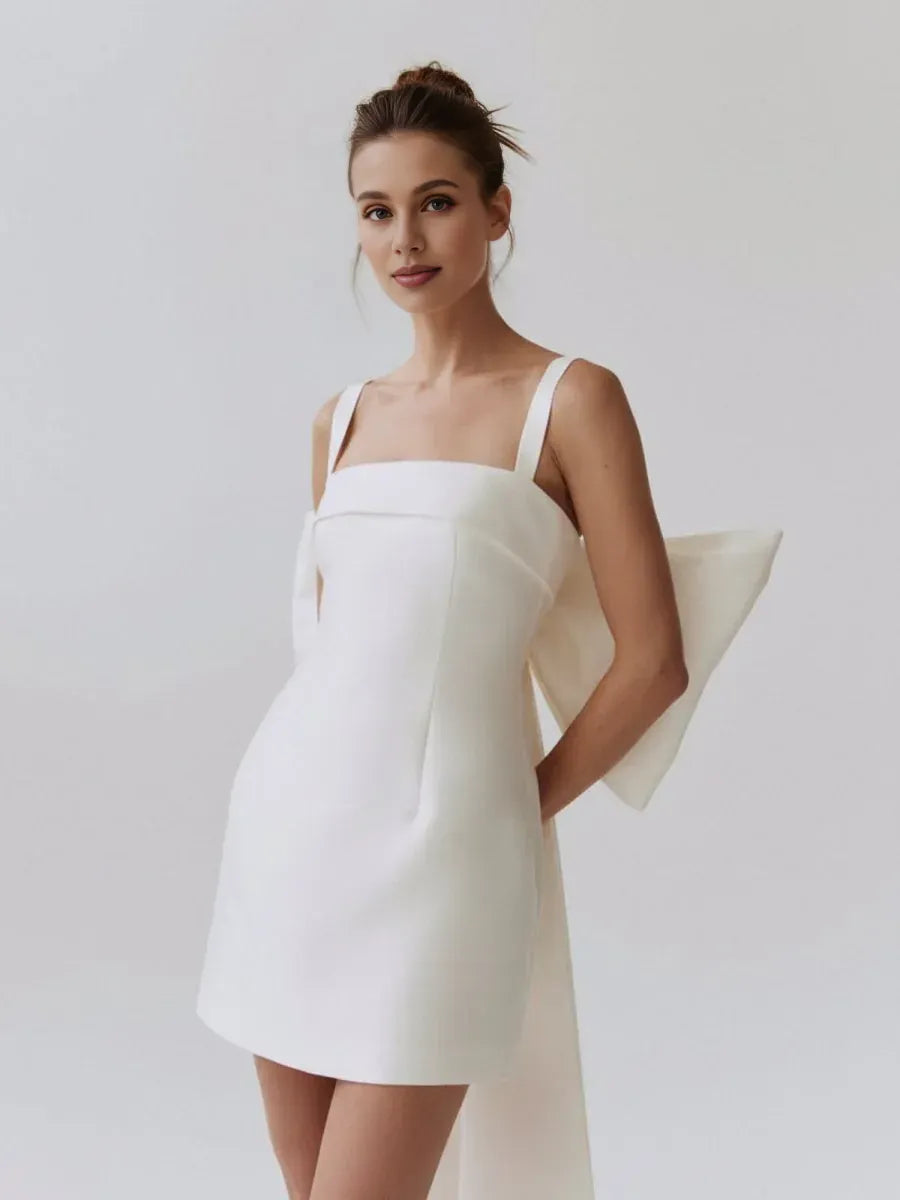 Graceful Stylish Elegant White Satin A-Line Square Neck Sleeveless Mini Wedding Dress