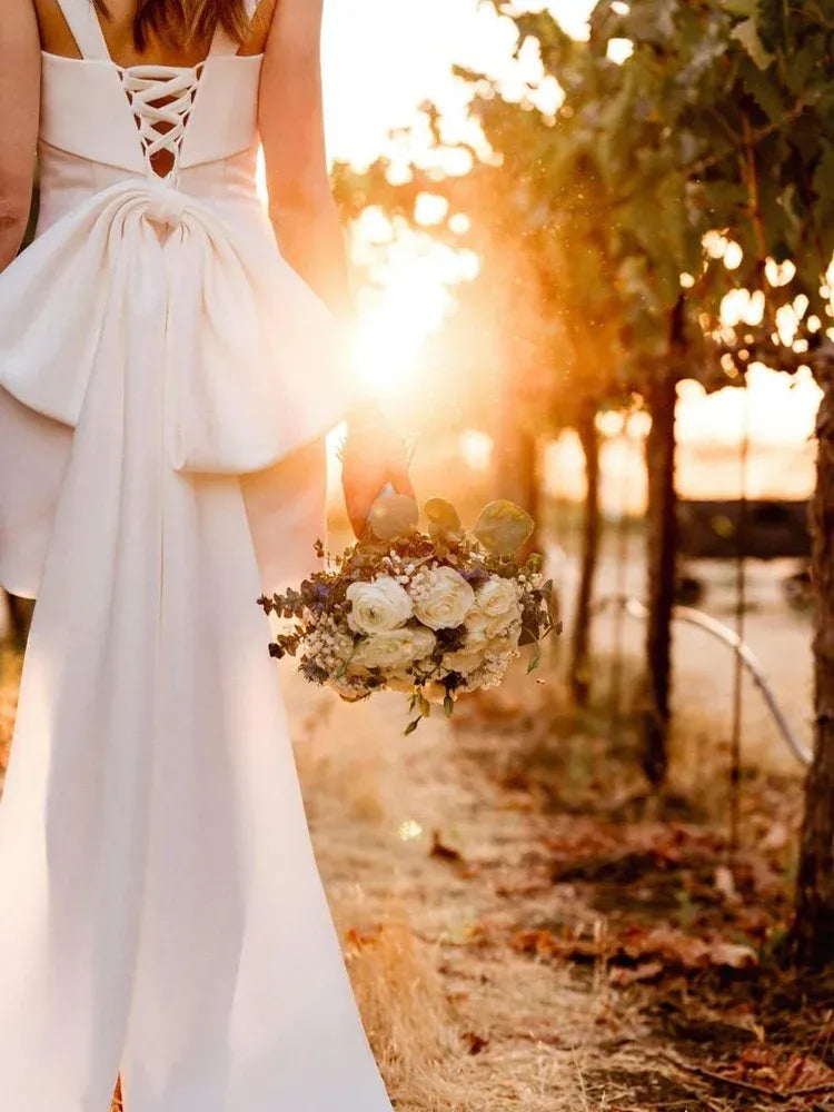 Graceful Stylish Elegant White Satin A-Line Square Neck Sleeveless Mini Wedding Dress