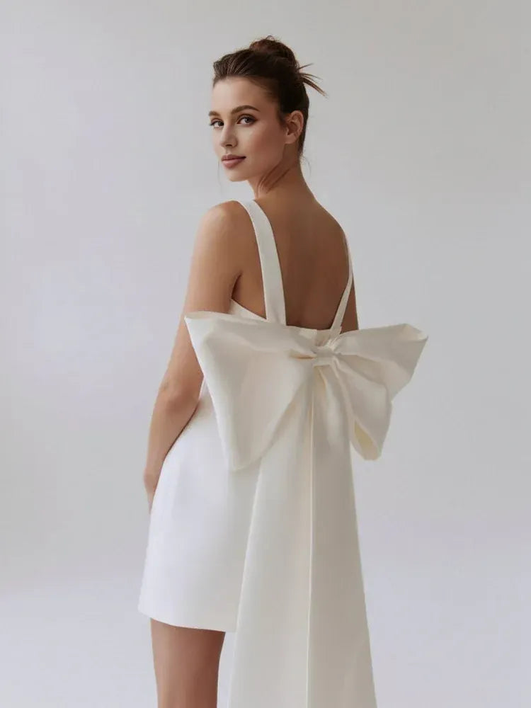 Graceful Stylish Elegant White Satin A-Line Square Neck Sleeveless Mini Wedding Dress