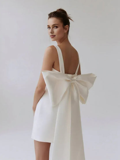 Graceful Stylish Elegant White Satin A-Line Square Neck Sleeveless Mini Wedding Dress