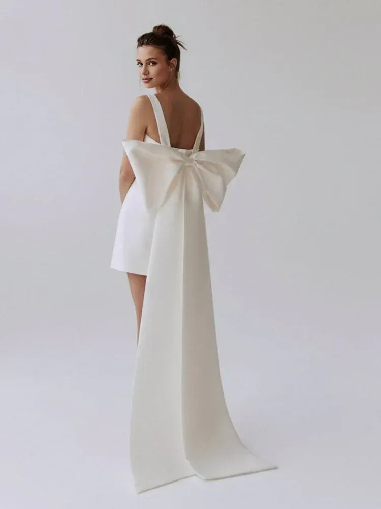 Graceful Stylish Elegant White Satin A-Line Square Neck Sleeveless Mini Wedding Dress