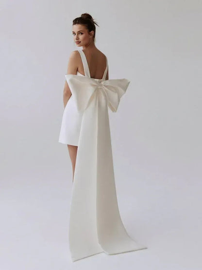 Graceful Stylish Elegant White Satin A-Line Square Neck Sleeveless Mini Wedding Dress