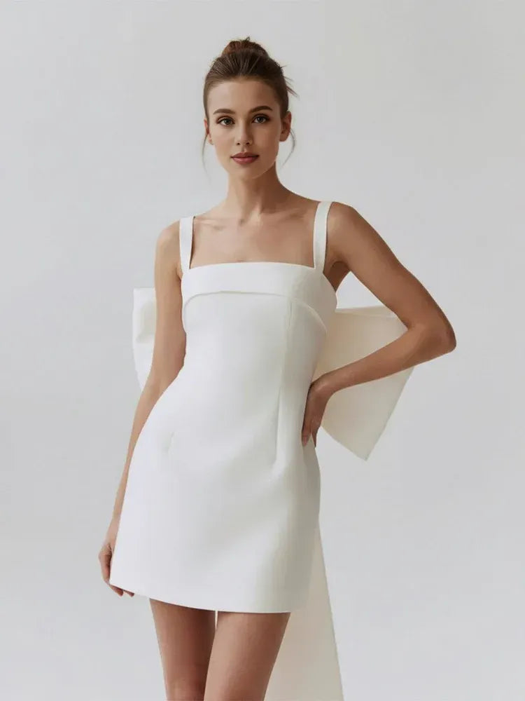 Graceful Stylish Elegant White Satin A-Line Square Neck Sleeveless Mini Wedding Dress