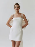 Graceful Stylish Elegant White Satin A-Line Square Neck Sleeveless Mini Wedding Dress