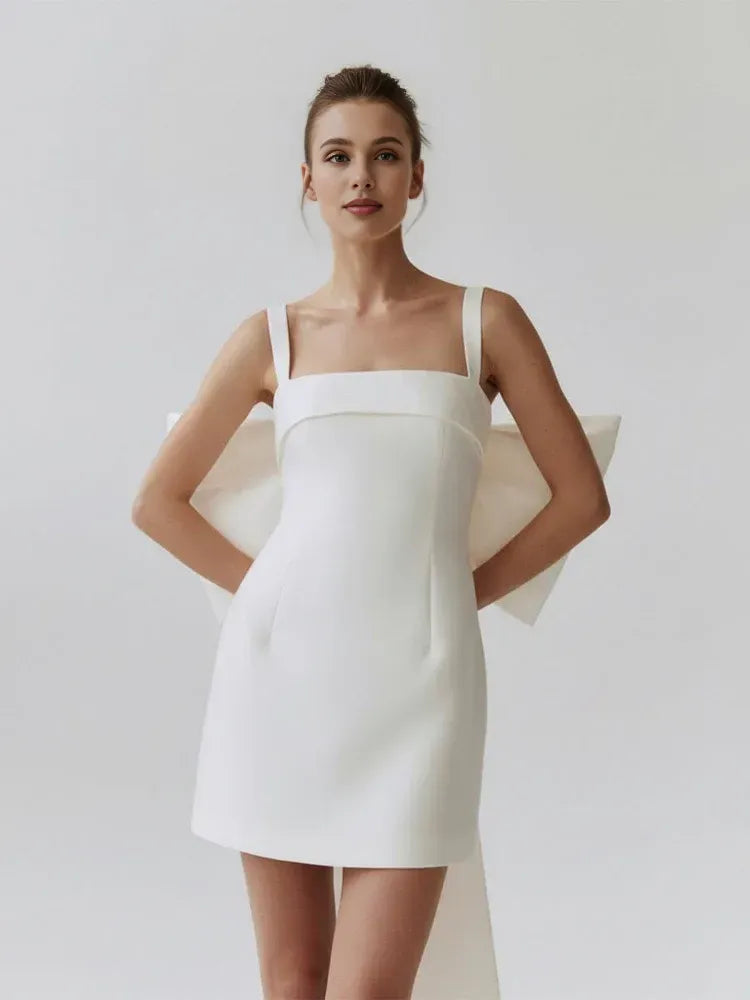 Graceful Stylish Elegant White Satin A-Line Square Neck Sleeveless Mini Wedding Dress