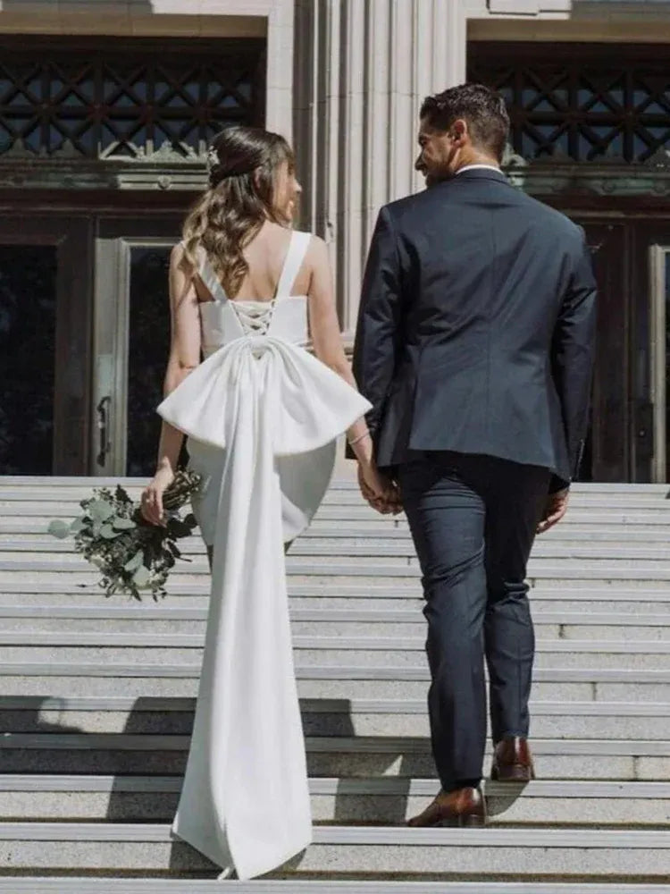 Graceful Stylish Elegant White Satin A-Line Square Neck Sleeveless Mini Wedding Dress