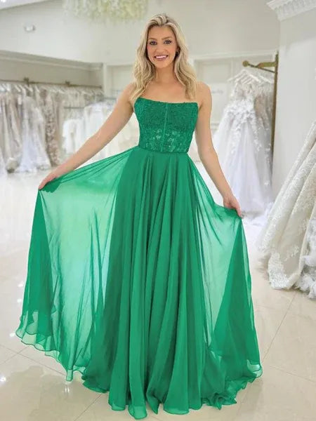 Green Pretty A-Line Strapless Emerald Floor Length Prom Dress