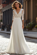 Stylish Refined Beautiful Timeless Chic Elegant Ivory Chiffon A-Line V-Neck Wedding Dress