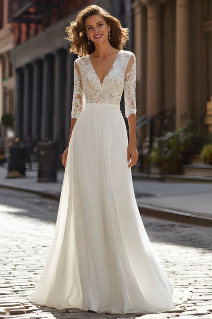 Stylish Refined Beautiful Timeless Chic Elegant Ivory Chiffon A-Line V-Neck Wedding Dress