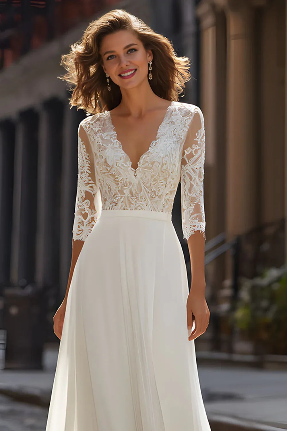 Stylish Refined Beautiful Timeless Chic Elegant Ivory Chiffon A-Line V-Neck Wedding Dress