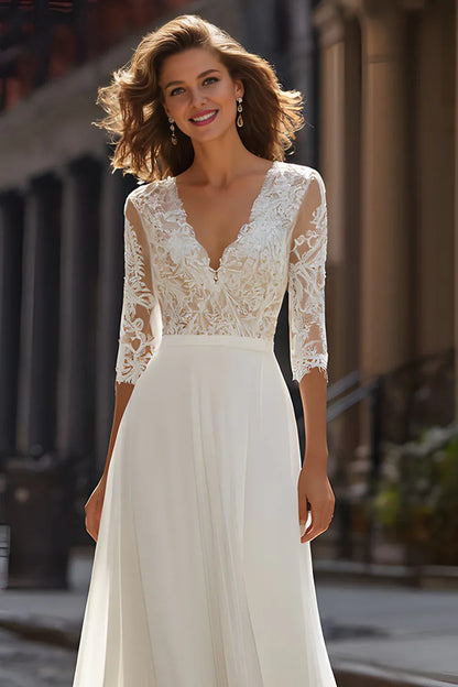 Stylish Refined Beautiful Timeless Chic Elegant Ivory Chiffon A-Line V-Neck Wedding Dress