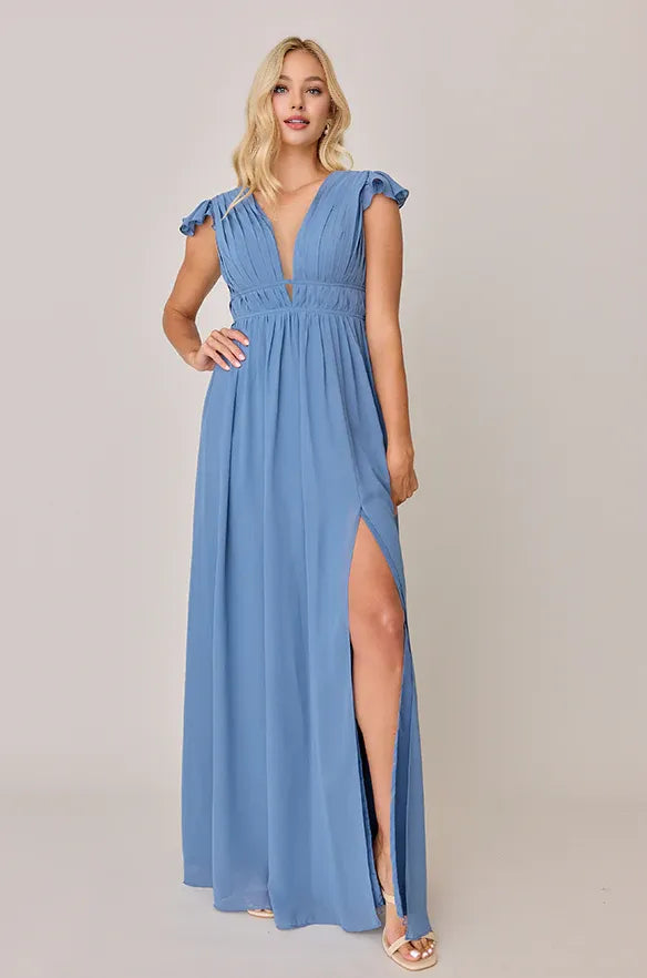 Special Occasion Sophisticated Graceful Elegant Dusty Blue Chiffon A-Line Floor-Length Prom Dress