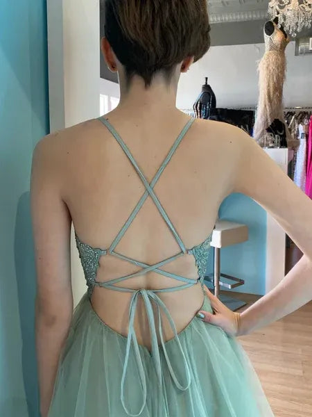 Pretty A-Line V Neck Applique Backless Sage Prom Dress With Train
