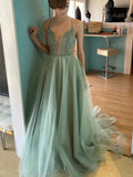 Pretty A-Line V Neck Applique Backless Sage Prom Dress With Train