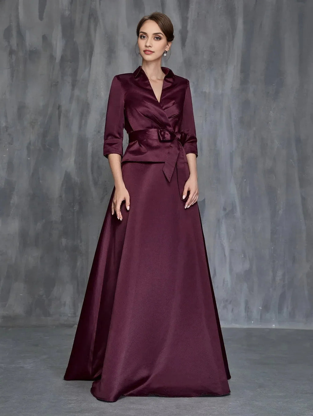 Elegant Burgundy Satin A-Line Long Sleeve Floor-Length Mother of the Bride Dress