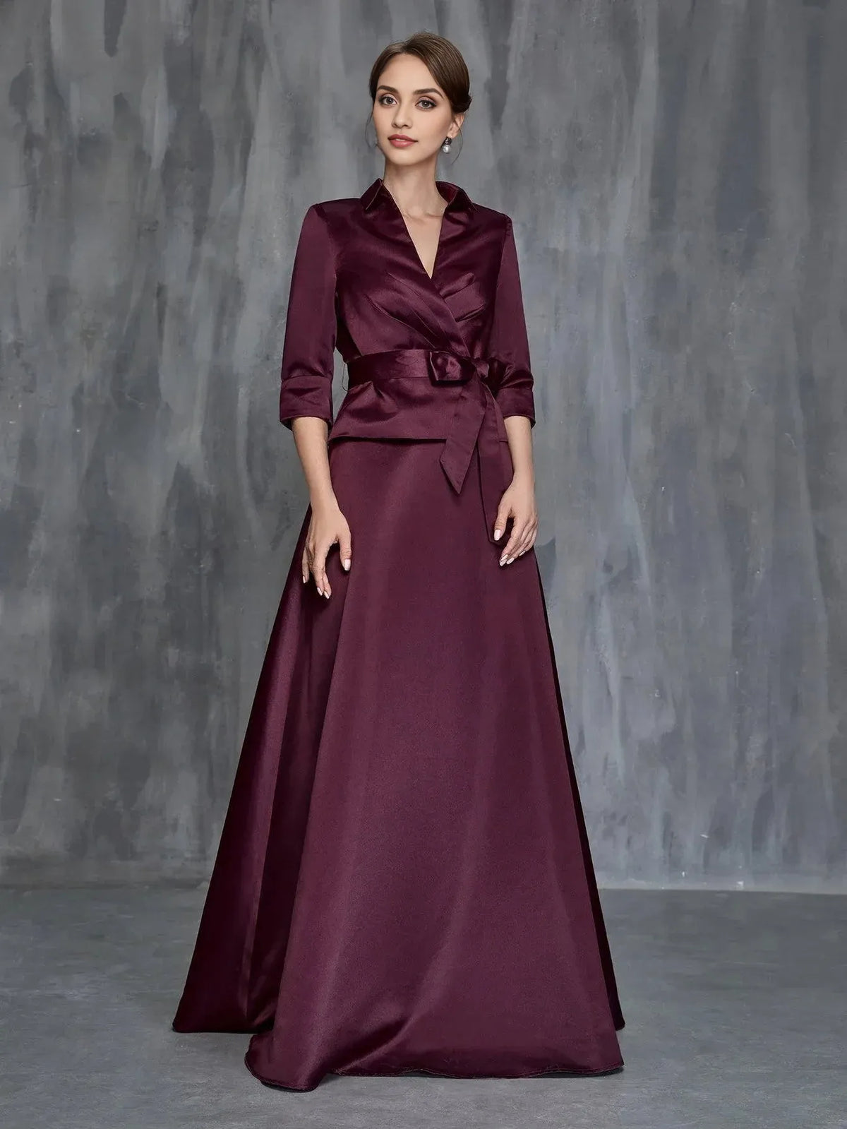 Elegant Burgundy Satin A-Line Long Sleeve Floor-Length Mother of the Bride Dress