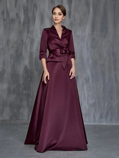 Elegant Burgundy Satin A-Line Long Sleeve Floor-Length Mother of the Bride Dress
