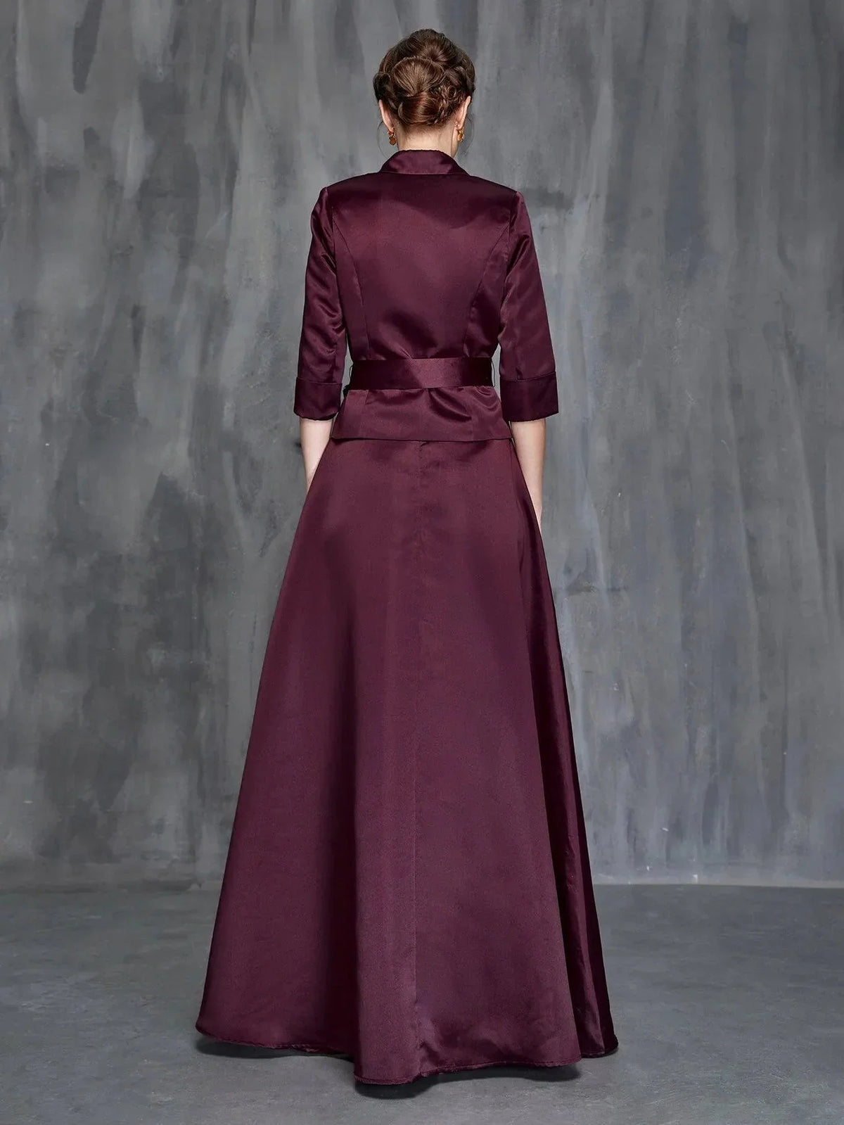 Elegant Burgundy Satin A-Line Long Sleeve Floor-Length Mother of the Bride Dress
