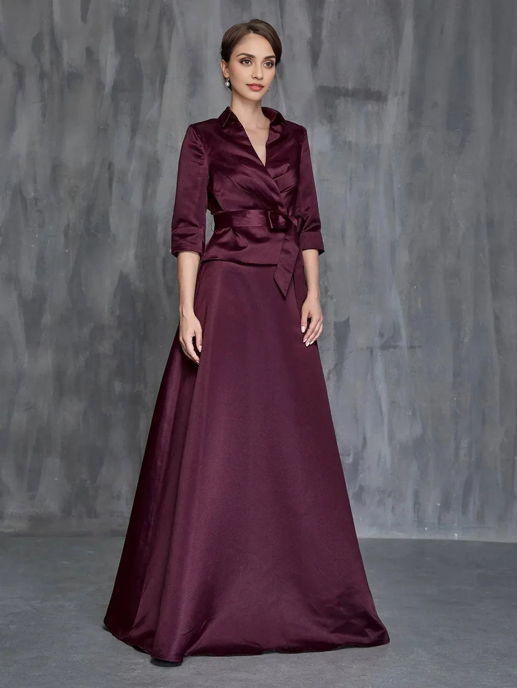 Elegant Burgundy Satin A-Line Long Sleeve Floor-Length Mother of the Bride Dress