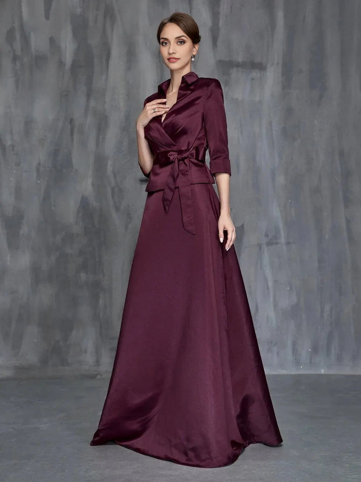 Elegant Burgundy Satin A-Line Long Sleeve Floor-Length Mother of the Bride Dress