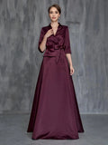 Elegant Burgundy Satin A-Line Long Sleeve Floor-Length Mother of the Bride Dress
