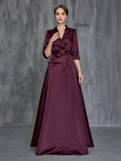 Elegant Burgundy Satin A-Line Long Sleeve Floor-Length Mother of the Bride Dress