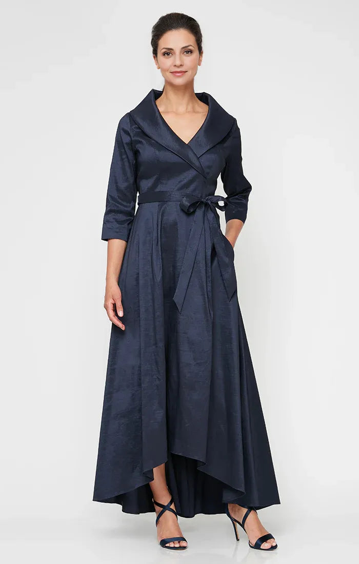 Elegant Navy Blue Satin A-Line Long Sleeve Floor-Length Mother of the Bride Dress