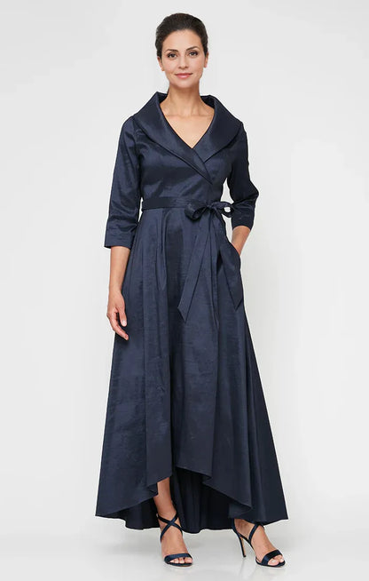 Elegant Navy Blue Satin A-Line Long Sleeve Floor-Length Mother of the Bride Dress