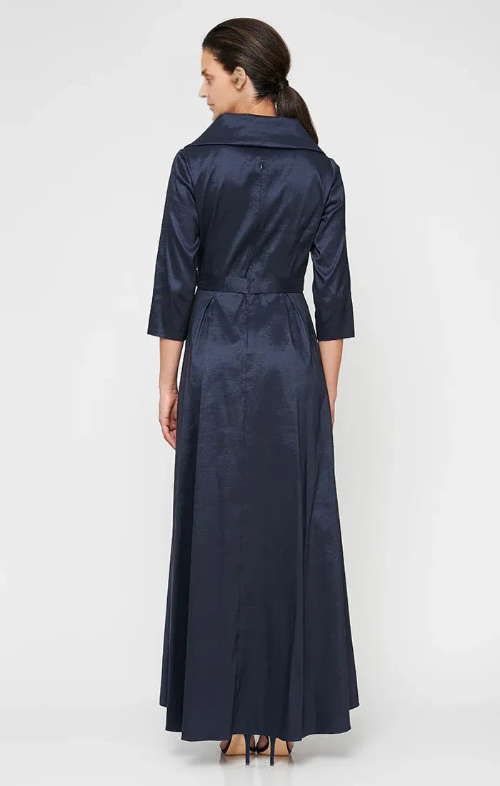 Elegant Navy Blue Satin A-Line Long Sleeve Floor-Length Mother of the Bride Dress