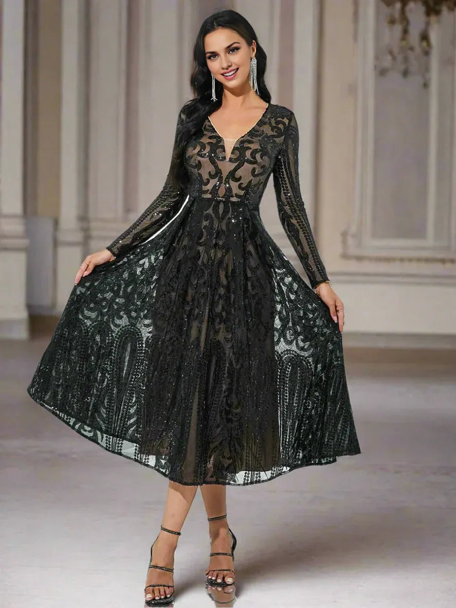 Timeless Special Occasion Elegant Black Lace A-Line Long Sleeve Tea-Length Prom Dress