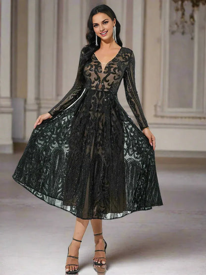 Timeless Special Occasion Elegant Black Lace A-Line Long Sleeve Tea-Length Prom Dress