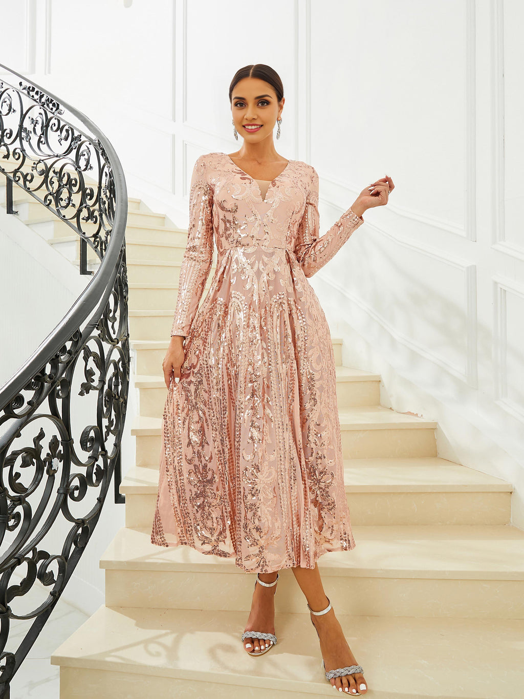 Timeless Special Occasion Elegant Black Lace A-Line Long Sleeve Tea-Length Prom Dress