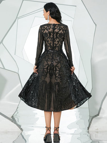Timeless Special Occasion Elegant Black Lace A-Line Long Sleeve Tea-Length Prom Dress
