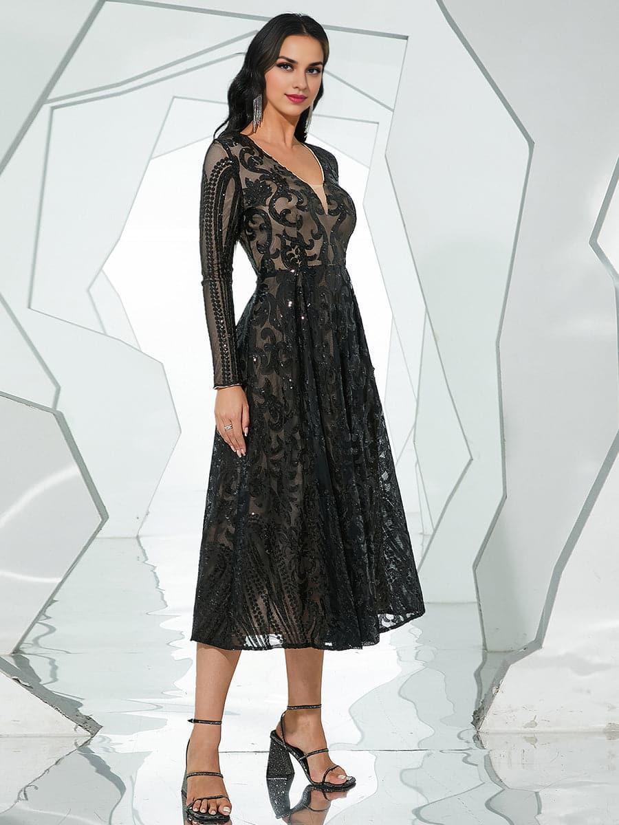 Timeless Special Occasion Elegant Black Lace A-Line Long Sleeve Tea-Length Prom Dress