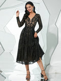 Timeless Special Occasion Elegant Black Lace A-Line Long Sleeve Tea-Length Prom Dress