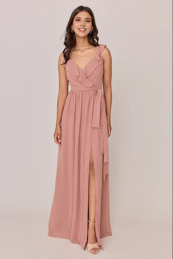 Special Occasion Sophisticated Elegant Dusty Rose Chiffon A-Line Sleeveless Floor-Length Prom Dress