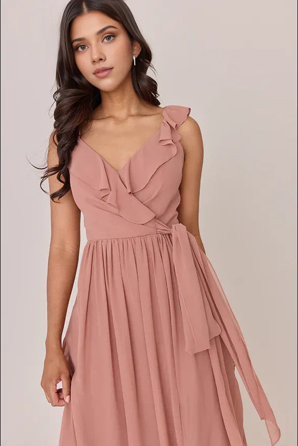 Special Occasion Sophisticated Elegant Dusty Rose Chiffon A-Line Sleeveless Floor-Length Prom Dress