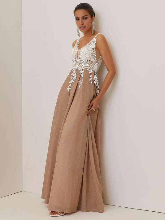 Beautiful Timeless Chic Elegant Rose Gold Lace A-Line Sleeveless Floor-Length Evening Dress