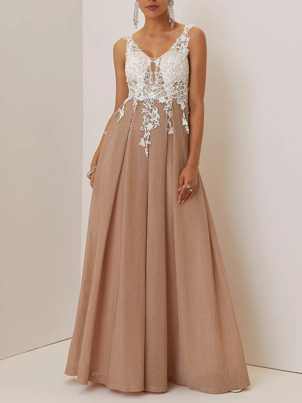 Beautiful Timeless Chic Elegant Rose Gold Lace A-Line Sleeveless Floor-Length Evening Dress