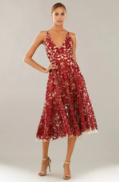 Sophisticated Graceful Stylish Refined Elegant Burgundy Sequins A-Line Sleeveless Tea-Length Prom Dress