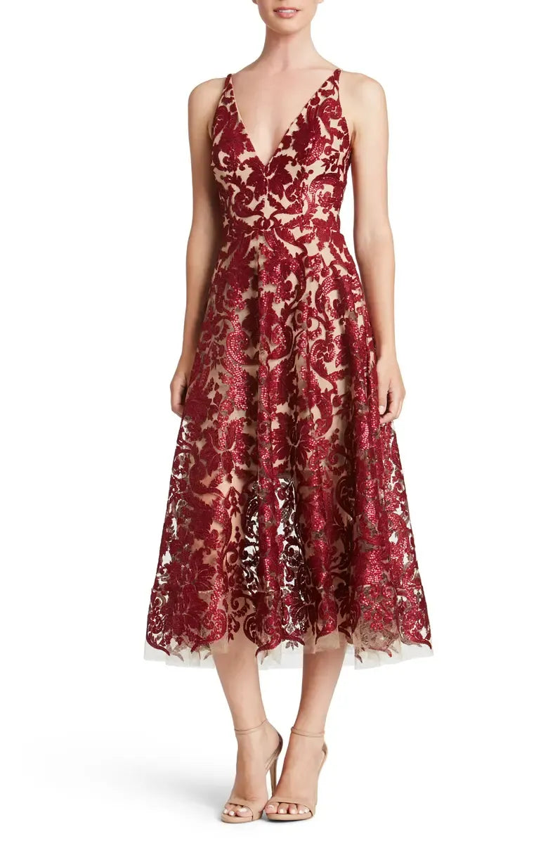 Sophisticated Graceful Stylish Refined Elegant Burgundy Sequins A-Line Sleeveless Tea-Length Prom Dress