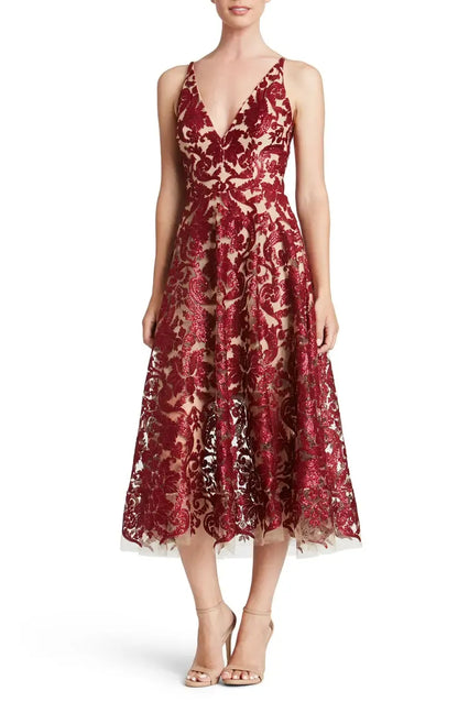 Sophisticated Graceful Stylish Refined Elegant Burgundy Sequins A-Line Sleeveless Tea-Length Prom Dress